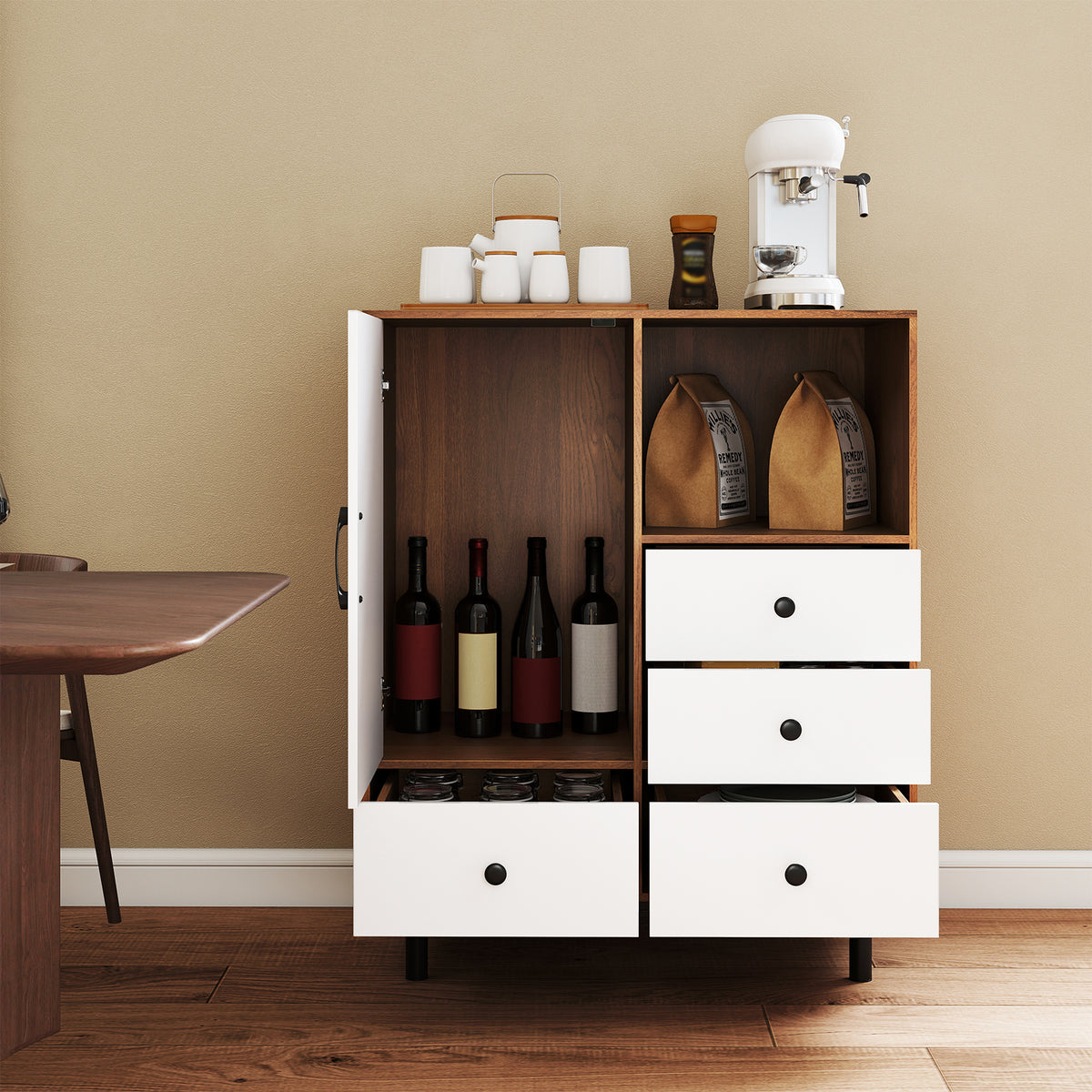Buffet Sideboard Mid Century Modern Storage Cabinet with 4 Drawers and Open Compartment, Natural Sideboards Cabinets & Buffets at Gallery Canada