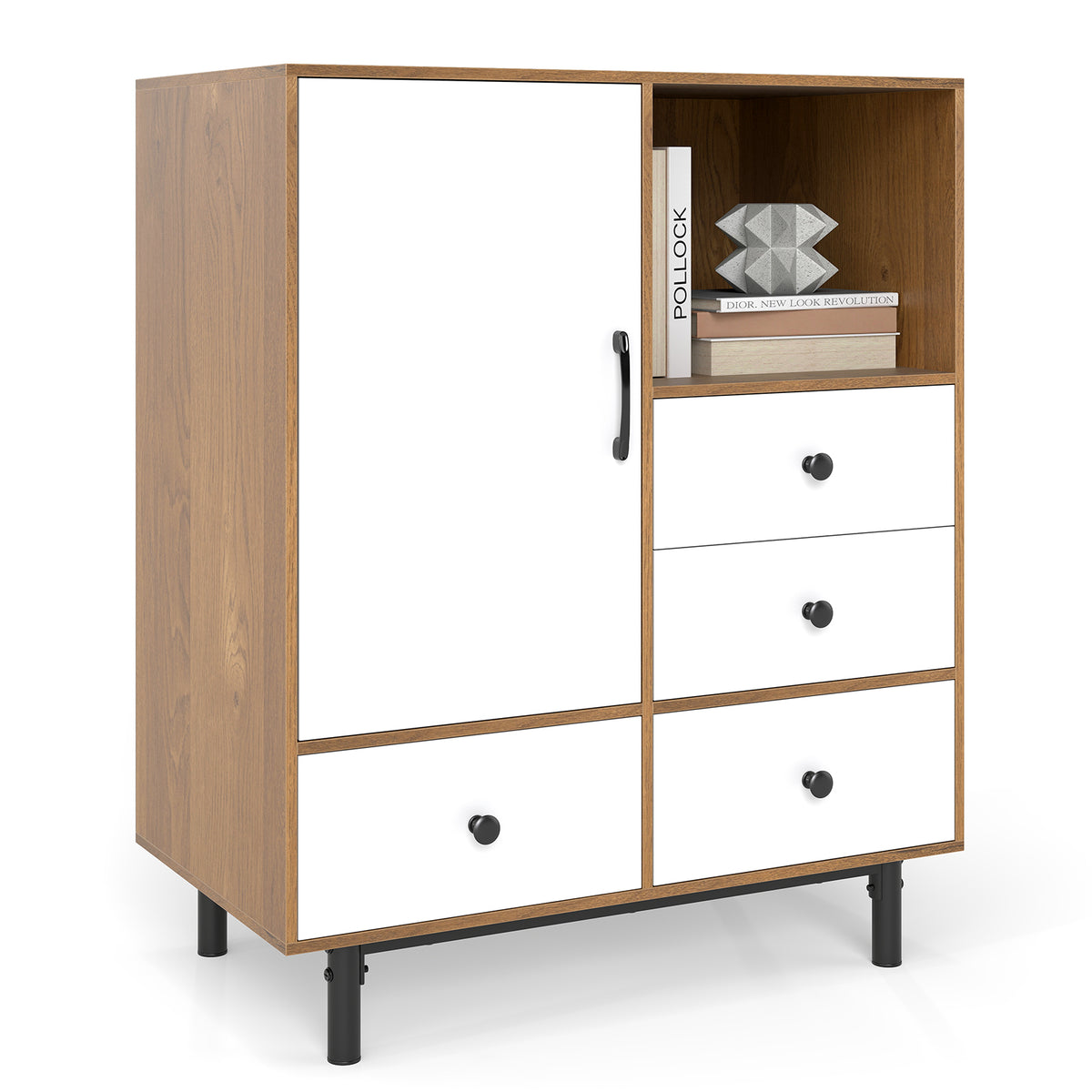 Buffet Sideboard Mid Century Modern Storage Cabinet with 4 Drawers and Open Compartment, Natural Sideboards Cabinets & Buffets at Gallery Canada