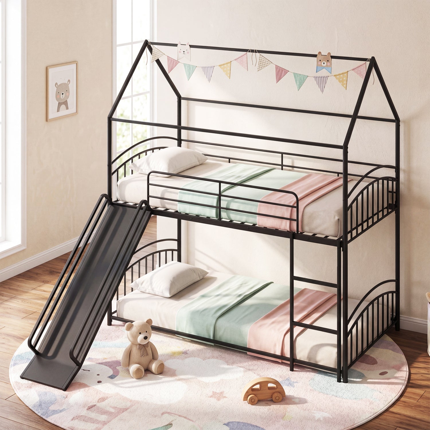 Twin Over Twin Bunk Bed With Metal Slats, Black Bunk Bed Frame at Gallery Canada