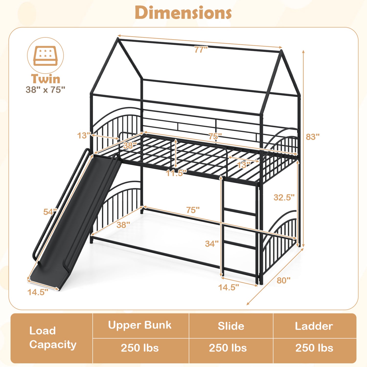 Twin Over Twin Bunk Bed With Metal Slats, Black Bunk Bed Frame at Gallery Canada