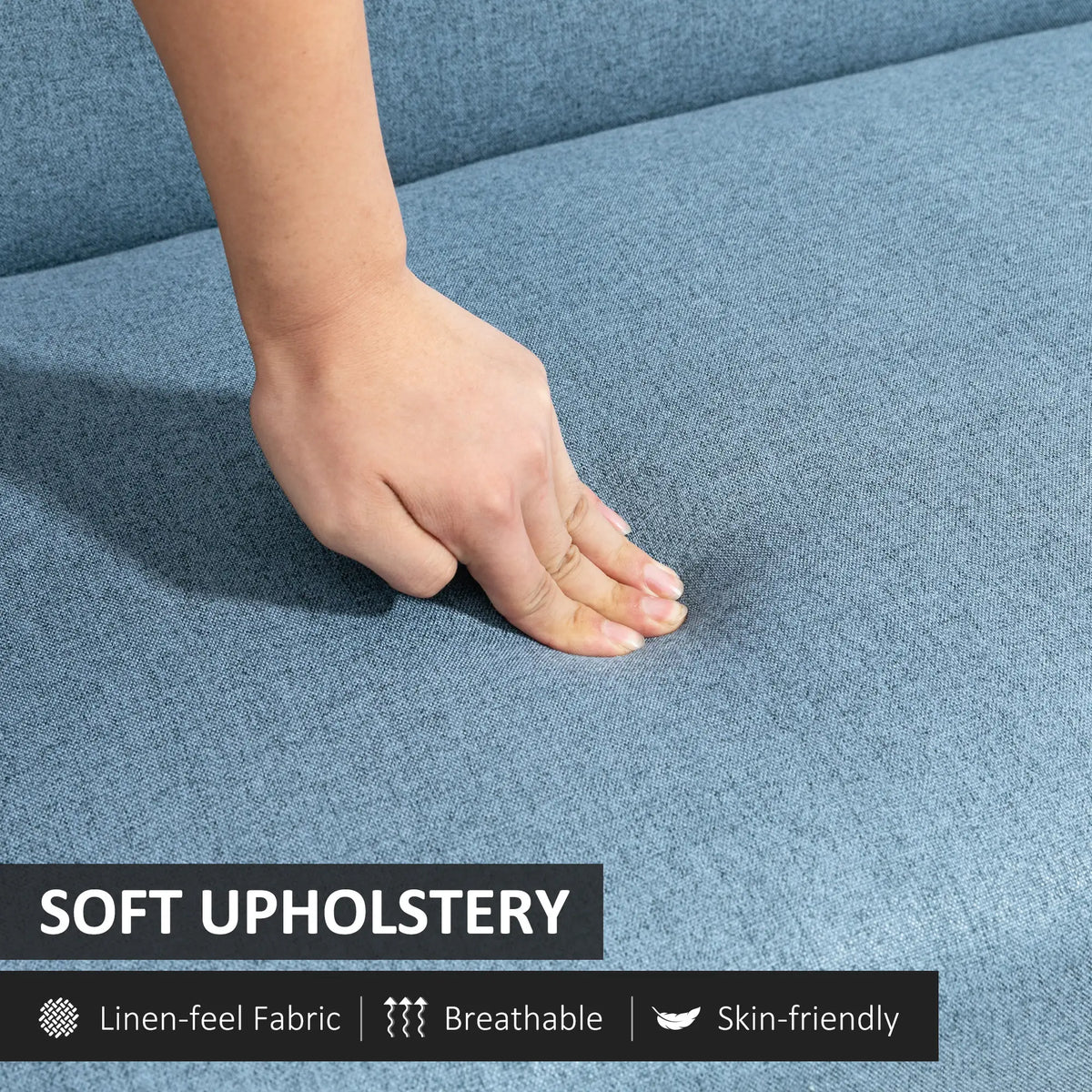 Compact Loveseat Sofa, Linen Fabric, Rubber Wood Legs, Blue