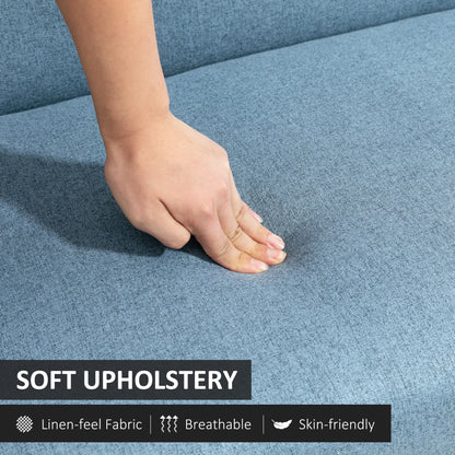 Compact Loveseat Sofa, Linen Fabric, Rubber Wood Legs, Blue