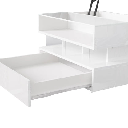 Glass Top LED Coffee Table, Storage Drawer, Adjustable Height, 26" L x 21.5" W x 21.5" H, White Coffee Tables at Gallery Canada