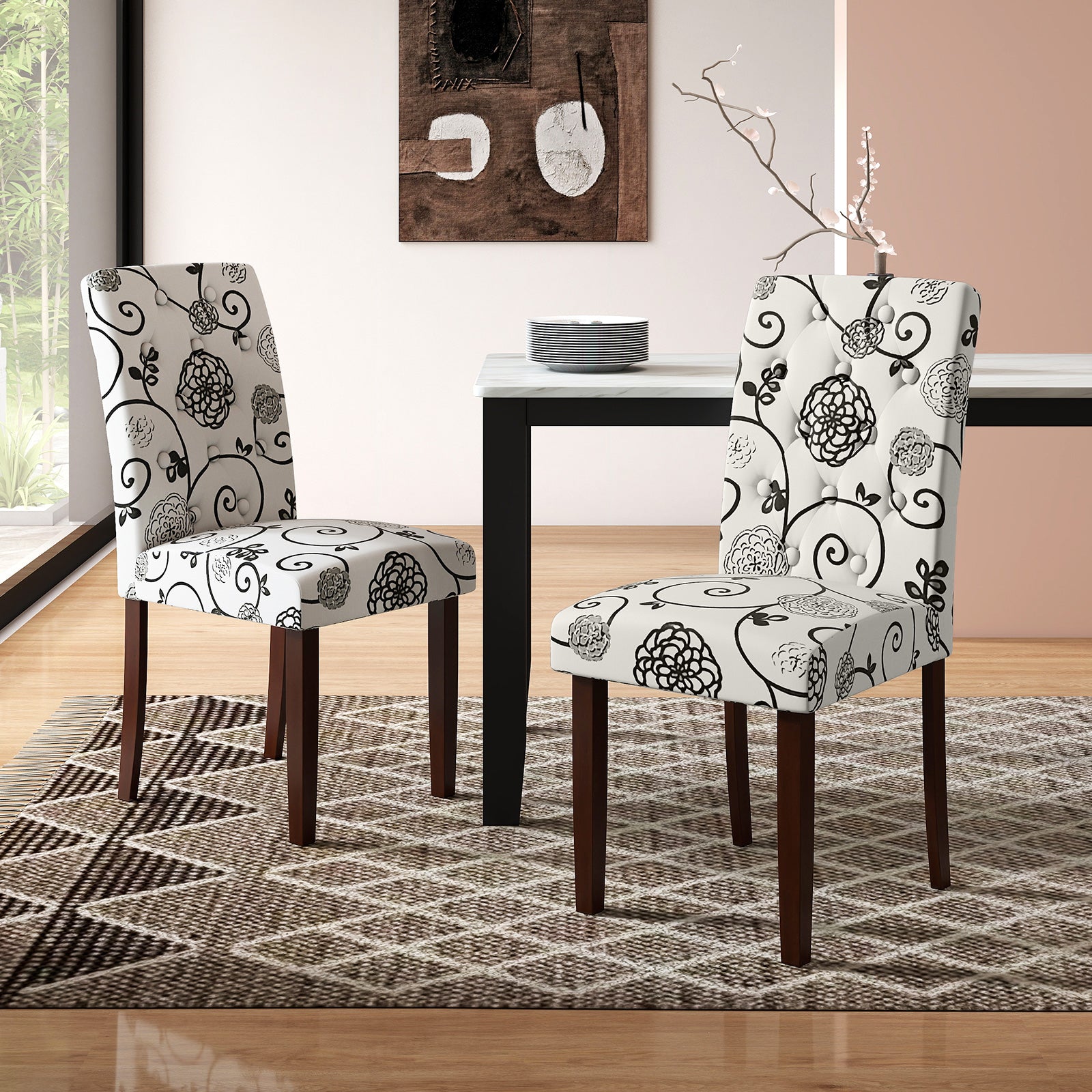 Button Tufted Fabric Upholstered Wooden Dining Chair Set, Beige Dining Chairs at Gallery Canada