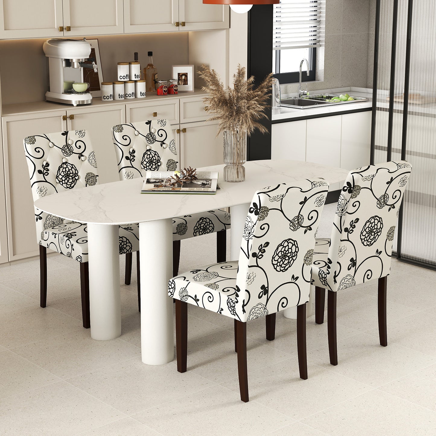 Button Tufted Fabric Upholstered Wooden Dining Chair Set, Beige Dining Chairs at Gallery Canada