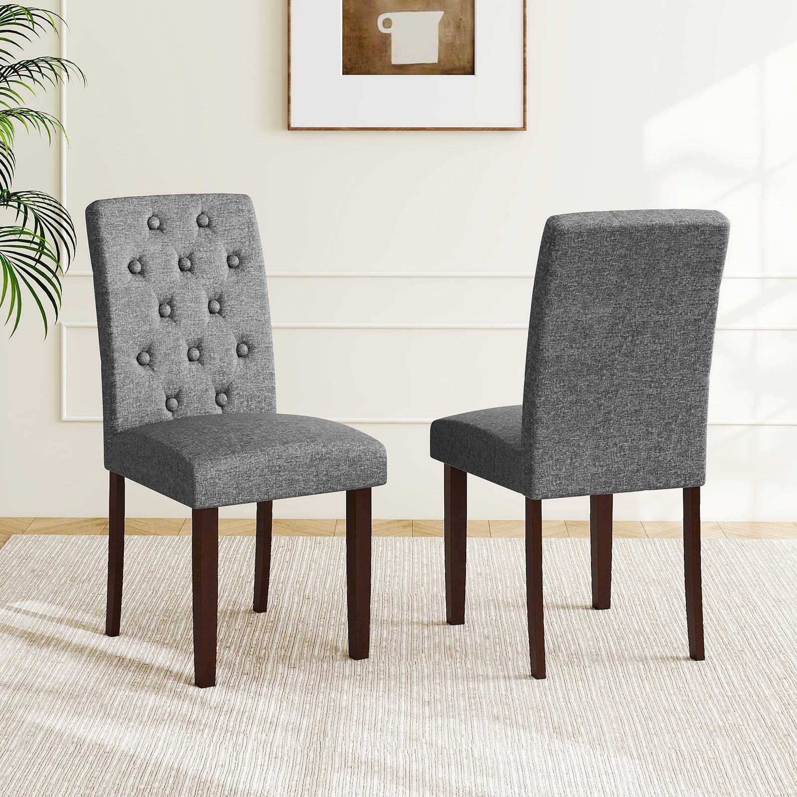 Button Tufted Fabric Wooden Dining Chair Set Of 2, Gray Dining Chairs at Gallery Canada
