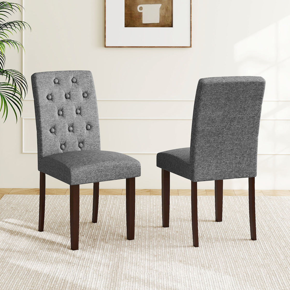 Button Tufted Fabric Wooden Dining Chair Set Of 2, Gray Dining Chairs at Gallery Canada