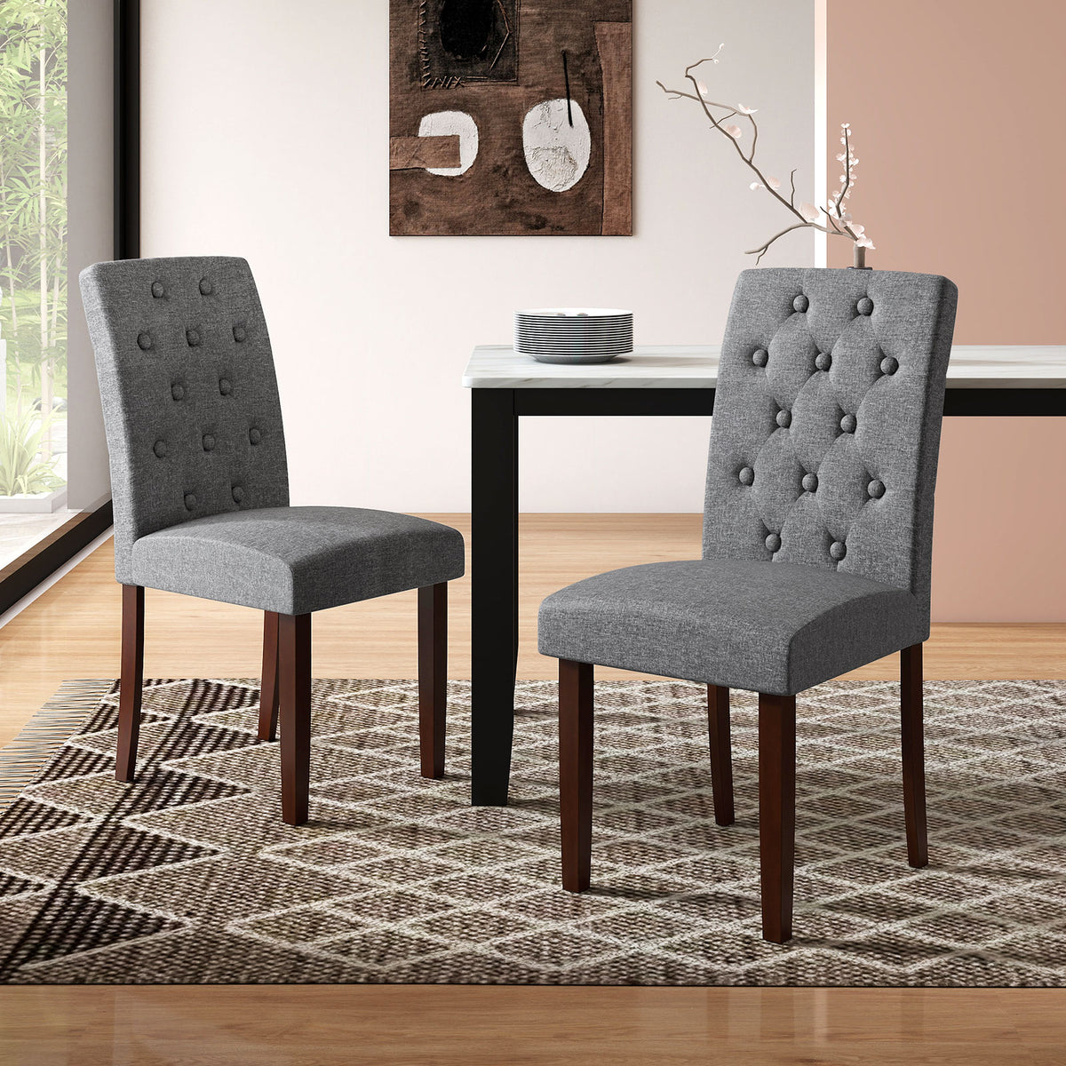 Button Tufted Fabric Wooden Dining Chair Set Of 2, Gray Dining Chairs at Gallery Canada