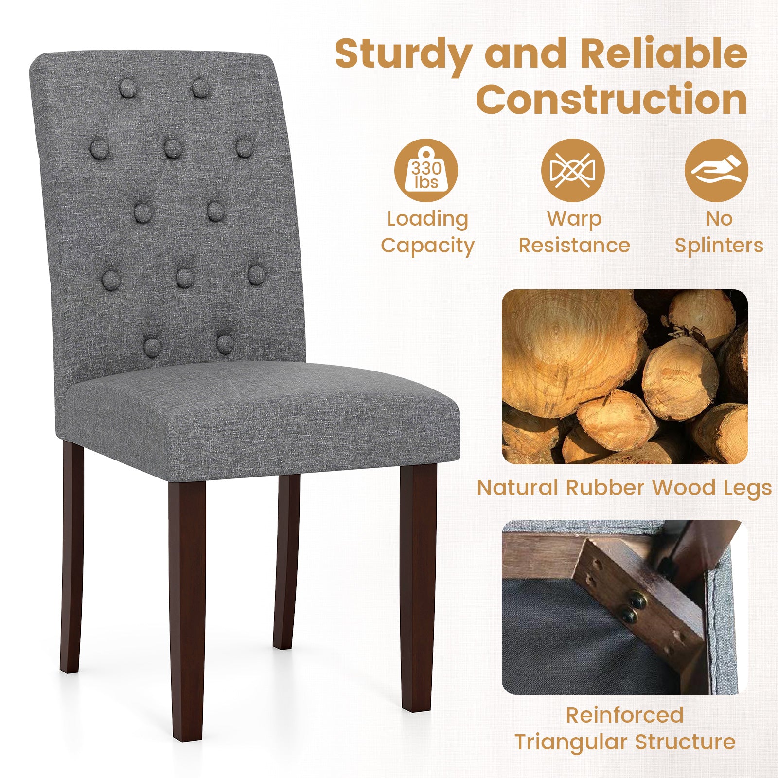 Button Tufted Fabric Wooden Dining Chair Set Of 2, Gray Dining Chairs at Gallery Canada
