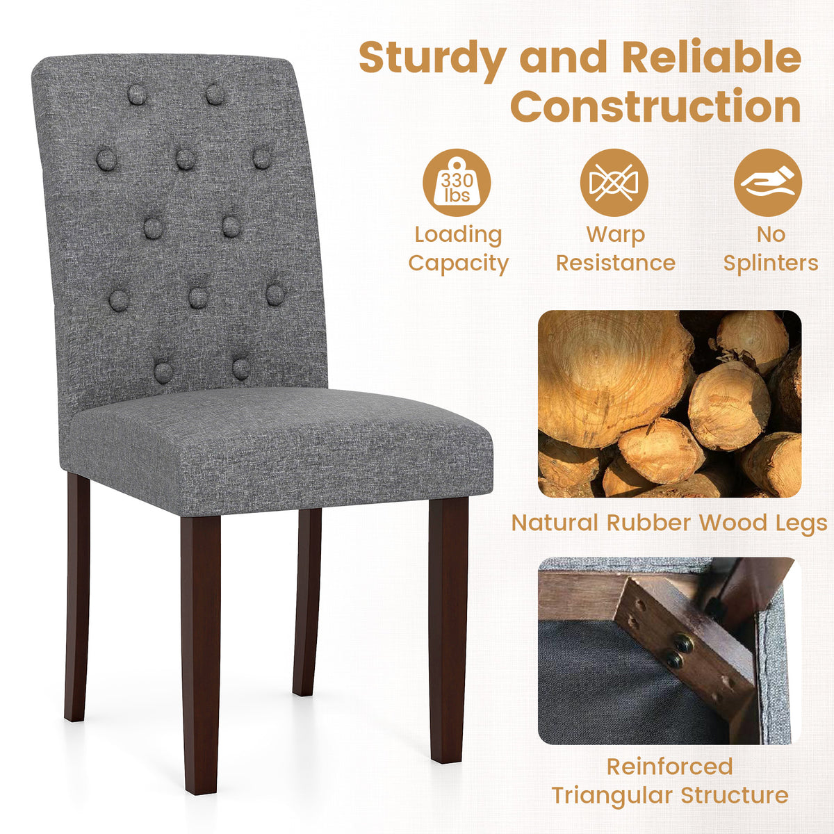 Button Tufted Fabric Wooden Dining Chair Set Of 2, Gray Dining Chairs at Gallery Canada
