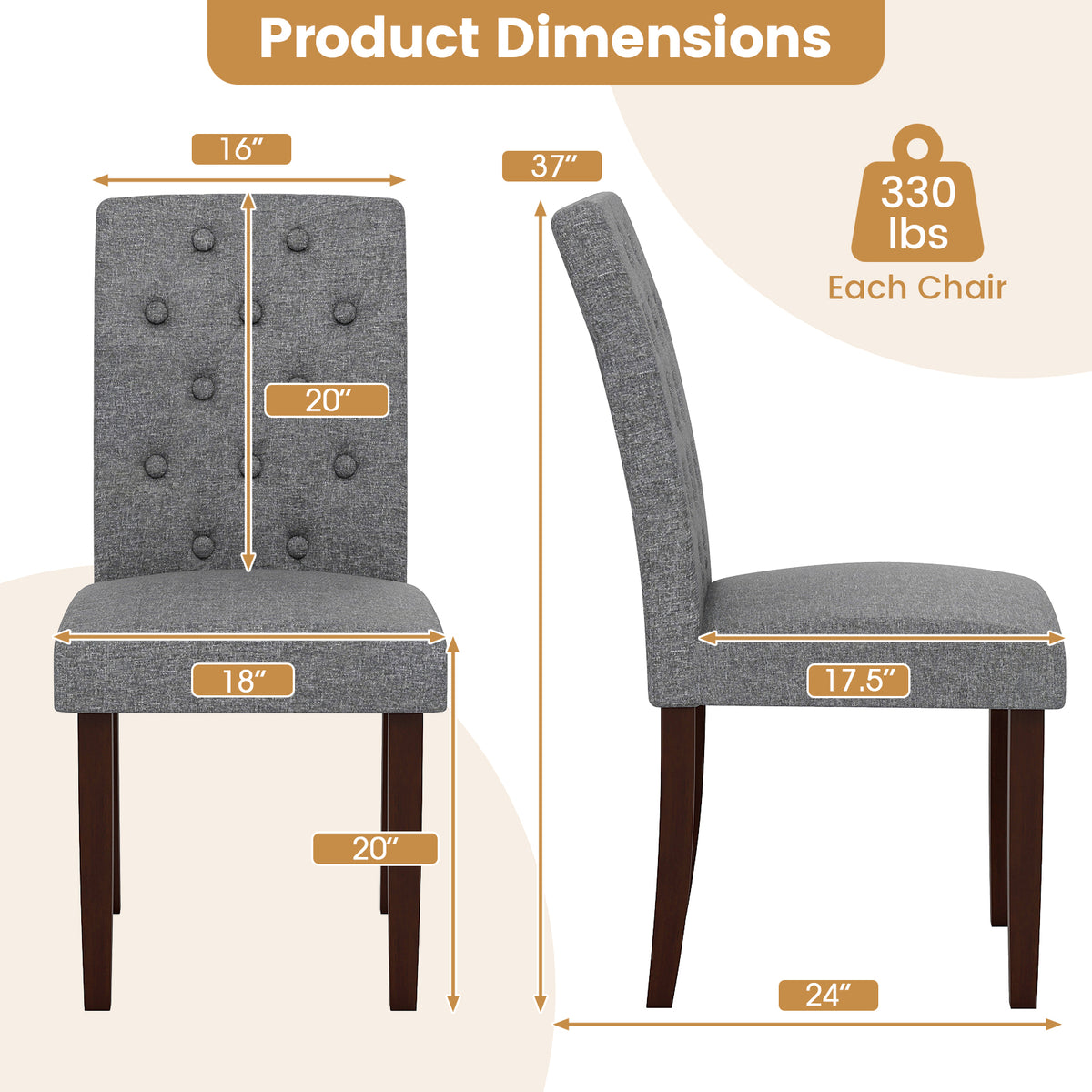 Button Tufted Fabric Wooden Dining Chair Set Of 2, Gray Dining Chairs at Gallery Canada