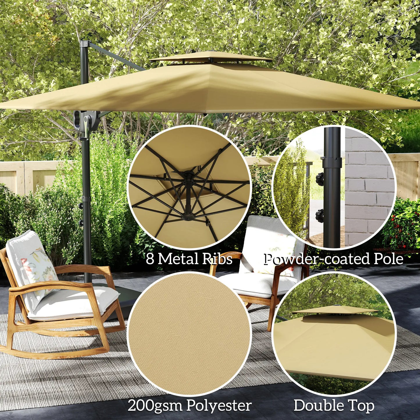 Square Cantilever Patio Umbrella, Double Top, 8' x 9', Khaki Offset Cantilever Umbrellas at Gallery Canada