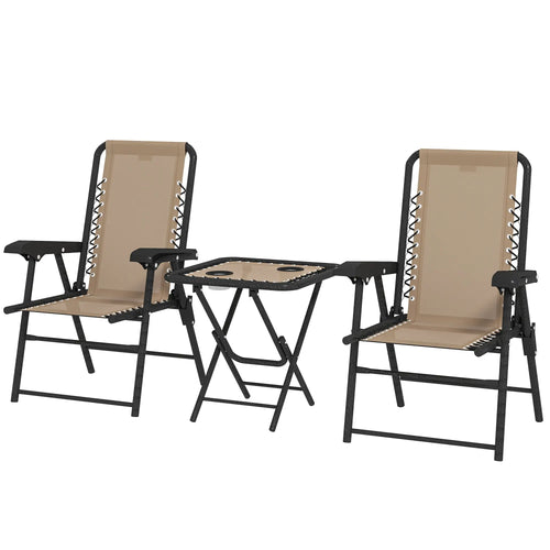 3 Piece Patio Bistro Set, Metal Outdoor Folding Table And Chairs, Khaki
