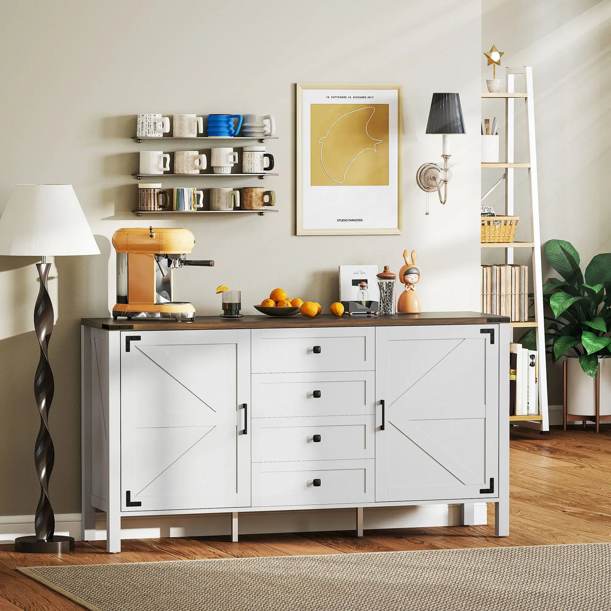 59" Buffet Cabinet, Farmhouse Sideboard, 2 Barn Doors, 4 Drawers, White Storage Cabinets at Gallery Canada