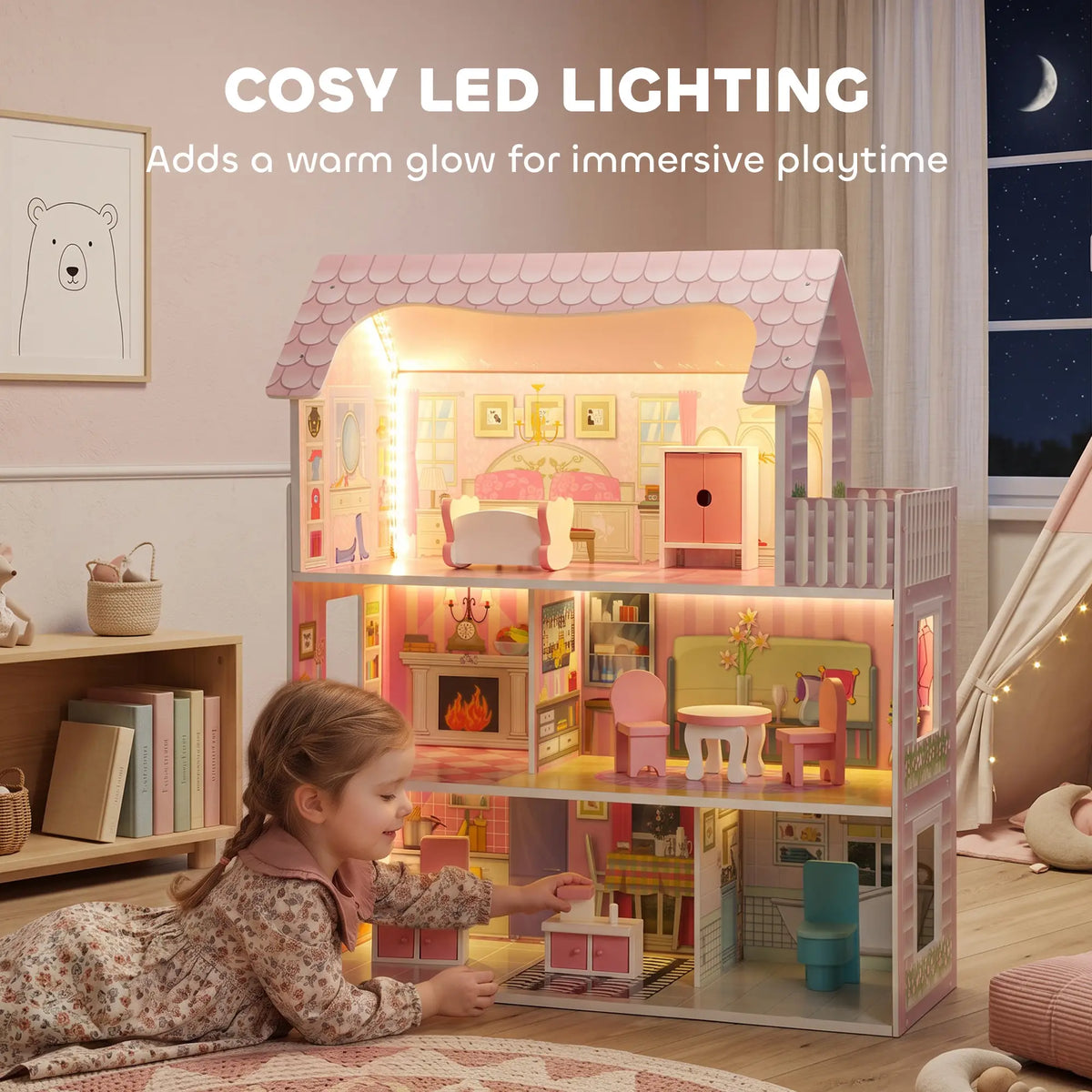3-Story Dollhouse, LED, 6 Rooms, 8 PCS Accessories Play Houses at Gallery Canada