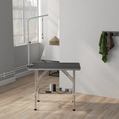Foldable Dog Grooming Table, Height Adjustable Arm, Storage Shelf, Black Dog Grooming Tables at Gallery Canada