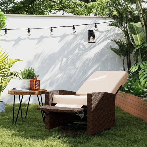 Outdoor Rattan Lounge Chair with Footrest, Soft Cushion, Cream White
