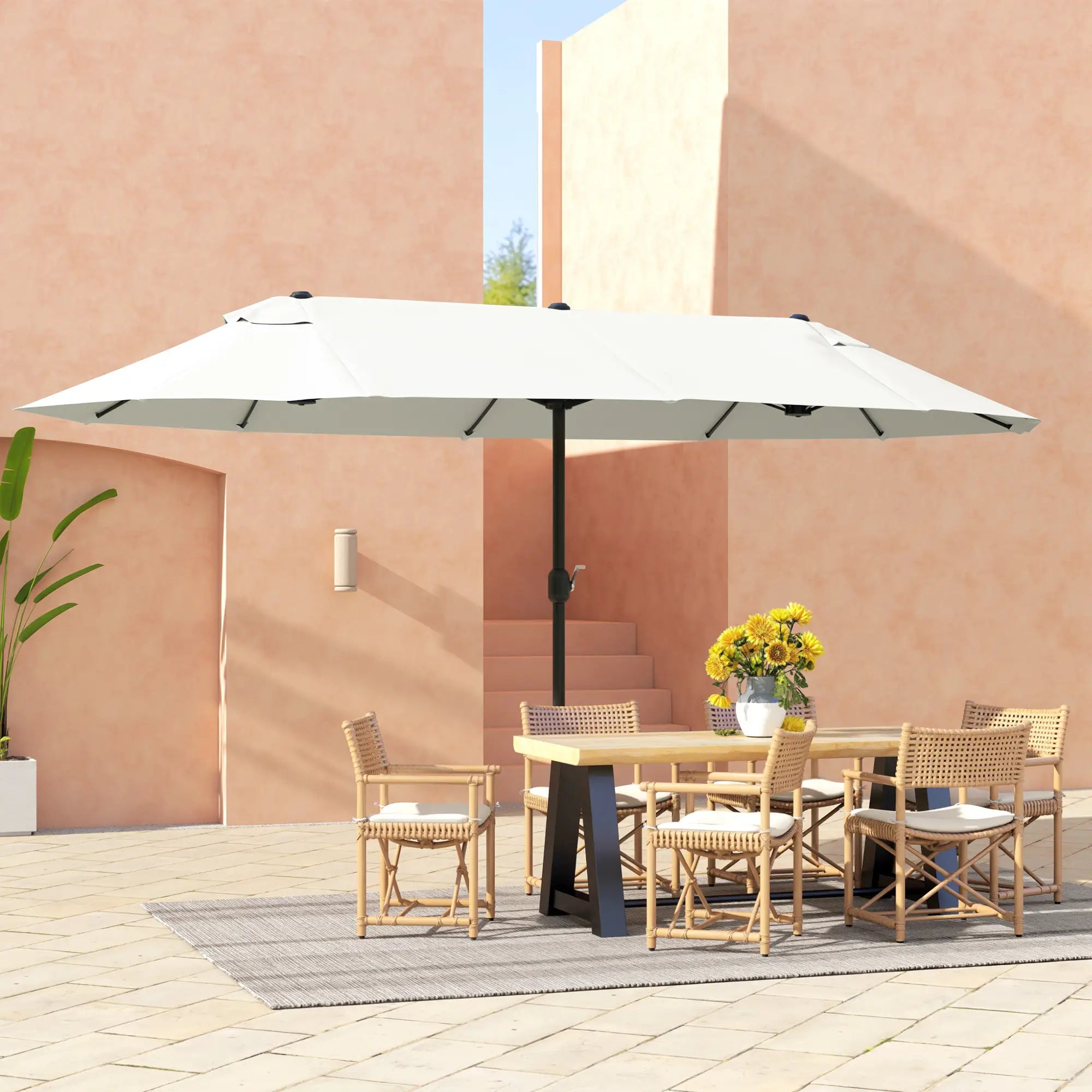 15 Ft Twin Canopy Patio Umbrella, Steel Lift Crank, Beige Sun Umbrellas at Gallery Canada