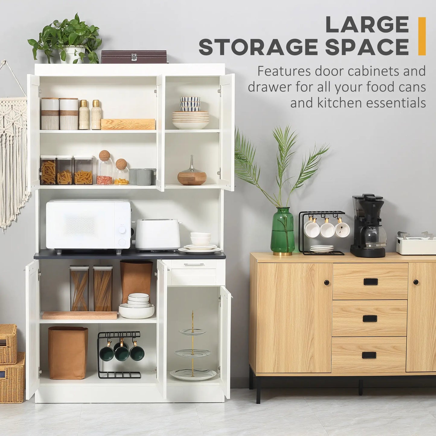 71" Kitchen Pantry Cabinet, Storage Buffet with Hutch, Adjustable Shelves, High Gloss White, White Kitchen Pantry Cabinets at Gallery Canada