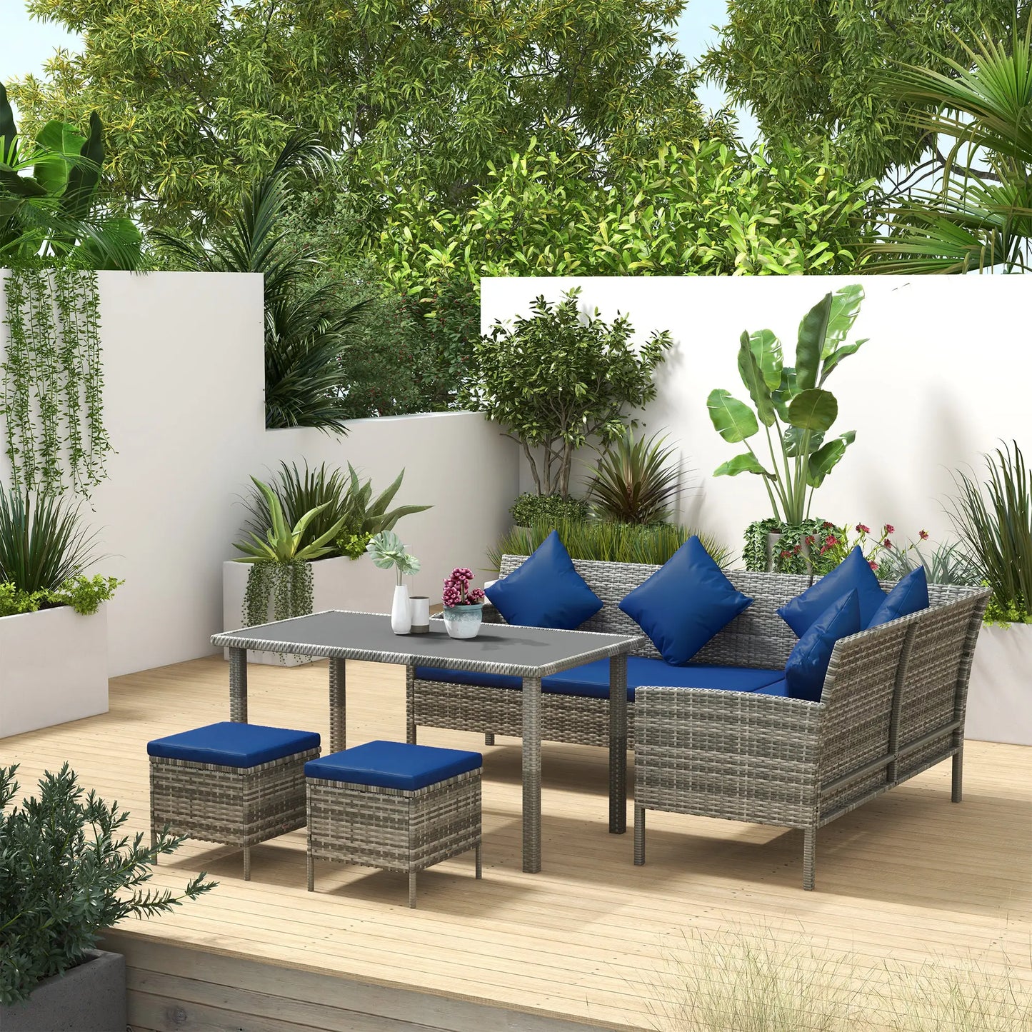 5-Piece Wicker Patio Set, Dining Table, Ottomans, Navy Blue Patio Furniture Sets at Gallery Canada
