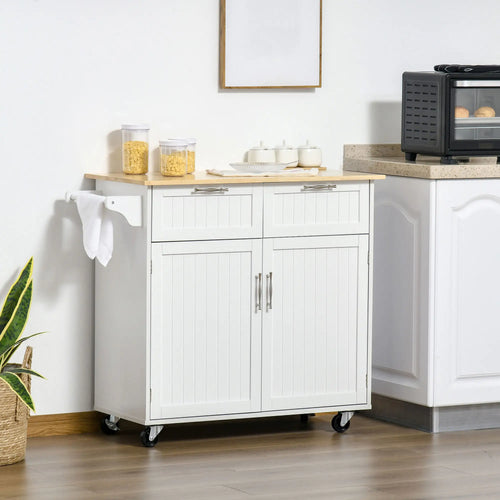 Rolling Kitchen Island with Drawers, Rubber Wood Top, Cabinet, White