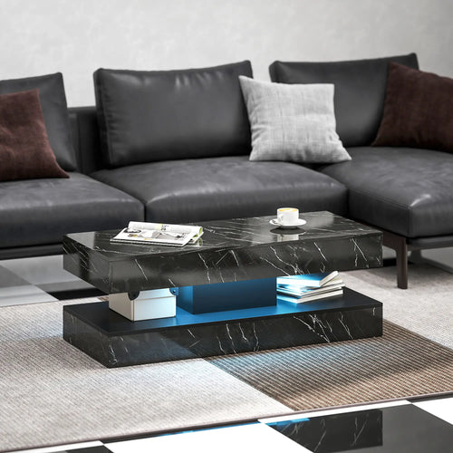Adjustable LED Coffee Table, 2 Drawers, Open Shelf, Remote, High Gloss Black