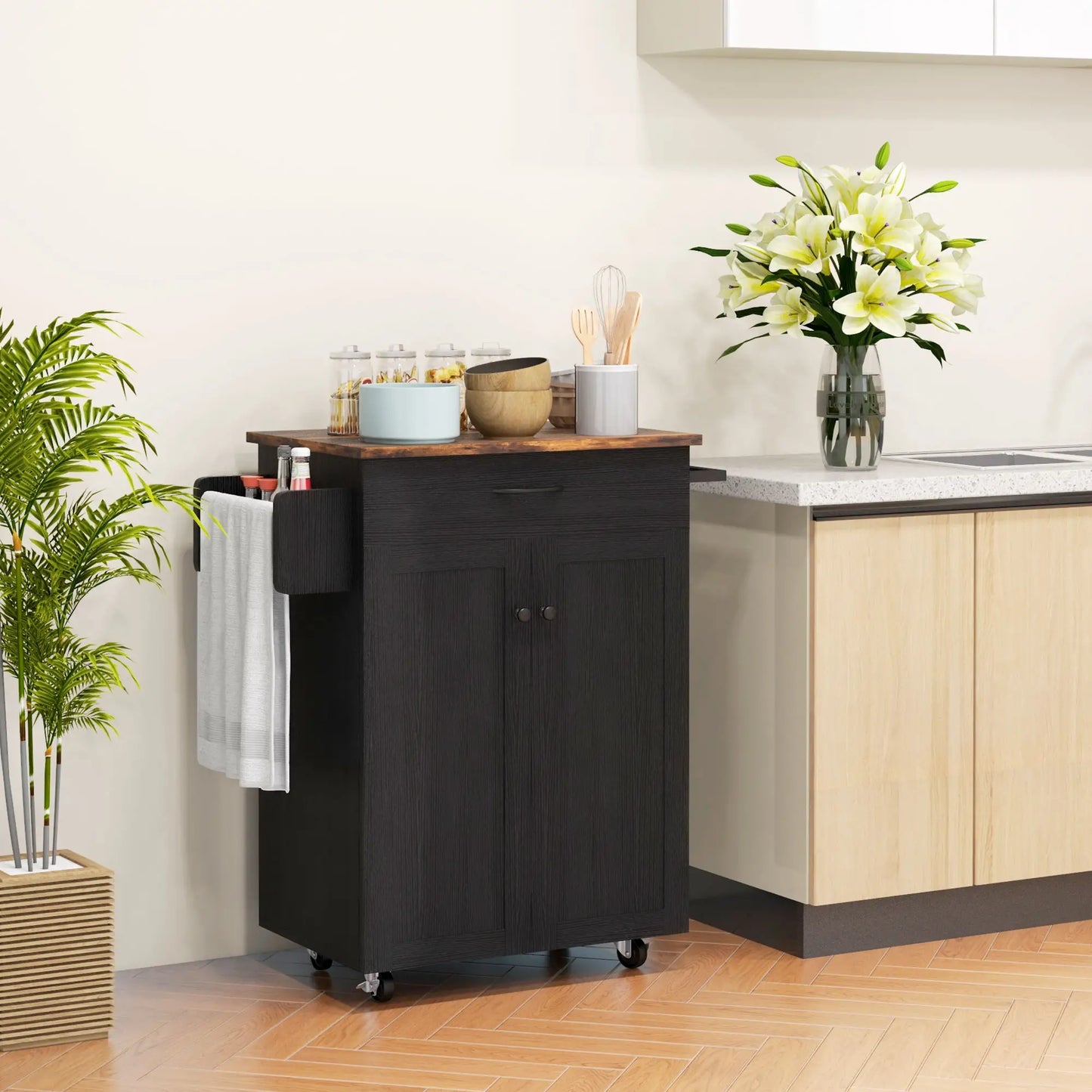 Modern Rolling Kitchen Island Cart, Natural Wood Top, Distressed Black, Black Kitchen Islands & Kitchen Carts at Gallery Canada