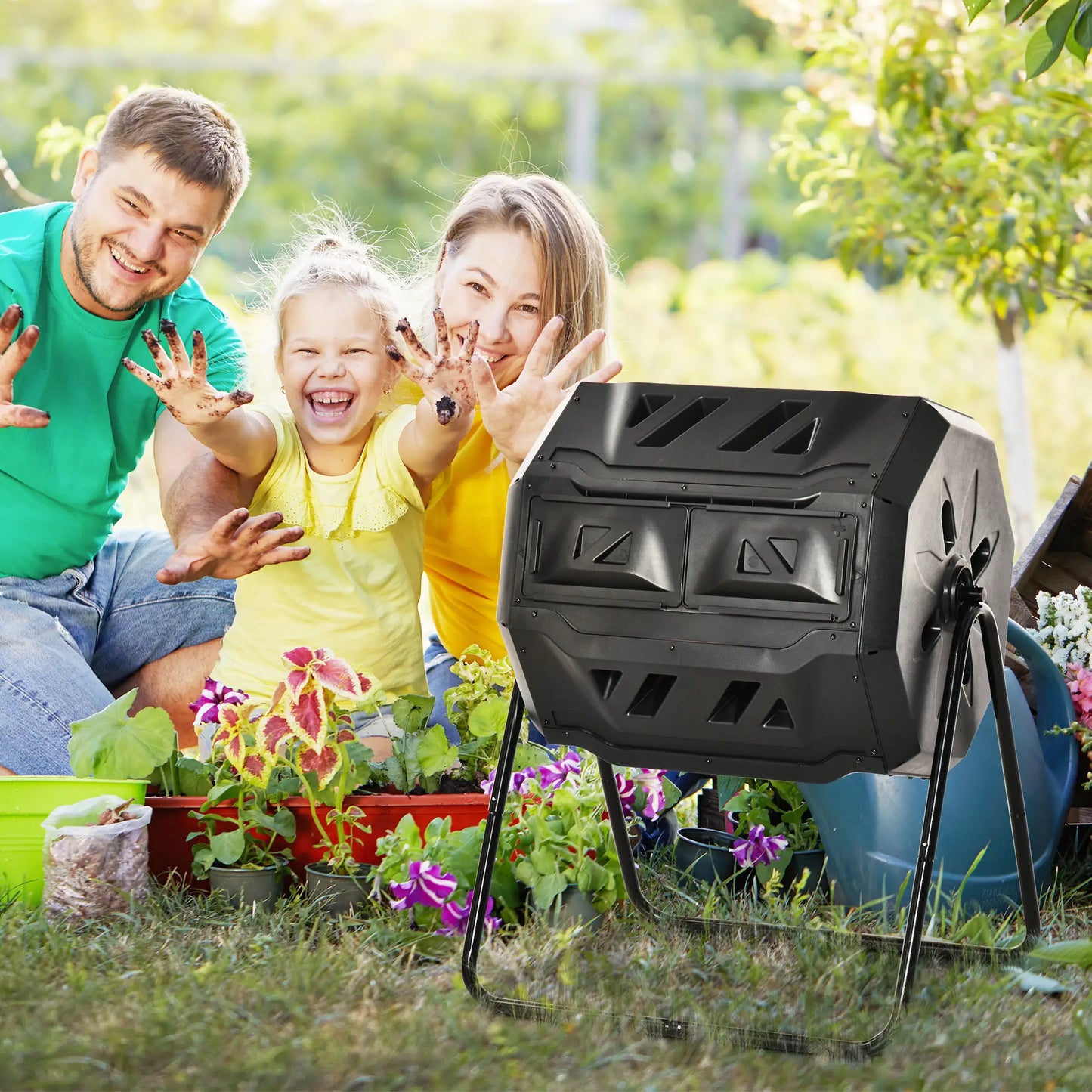 43 Gallon (160L) Tumbling Compost Bin, Dual Chamber, 360° Rotating, Black Outdoor Compost Bin at Gallery Canada