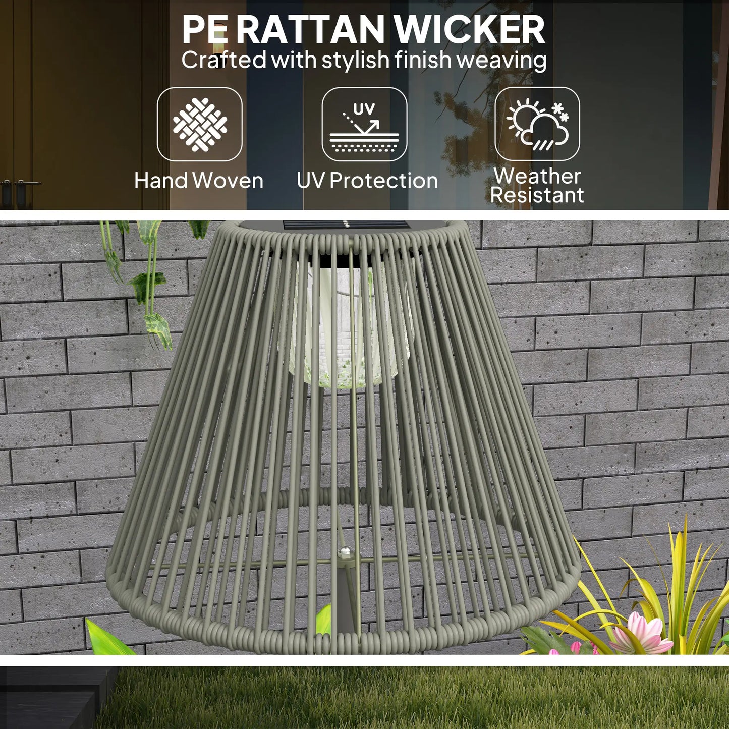 Wicker Outdoor Floor Lamp, Solar Lantern, Auto LED Lights, IP44, Grey Solar Post Lamps at Gallery Canada
