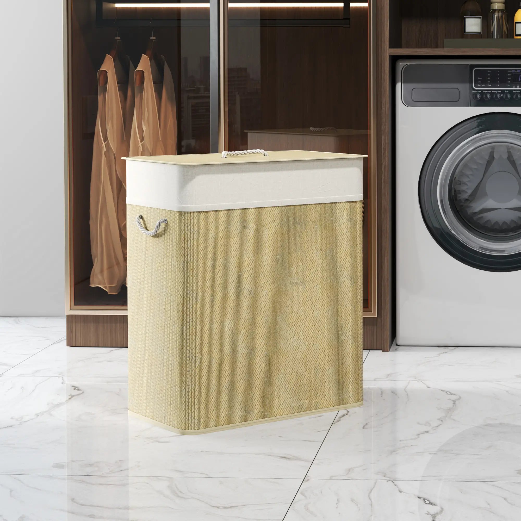 Double Laundry Basket with Lid, 100L Bamboo Hamper, Natural Clothing Storage at Gallery Canada