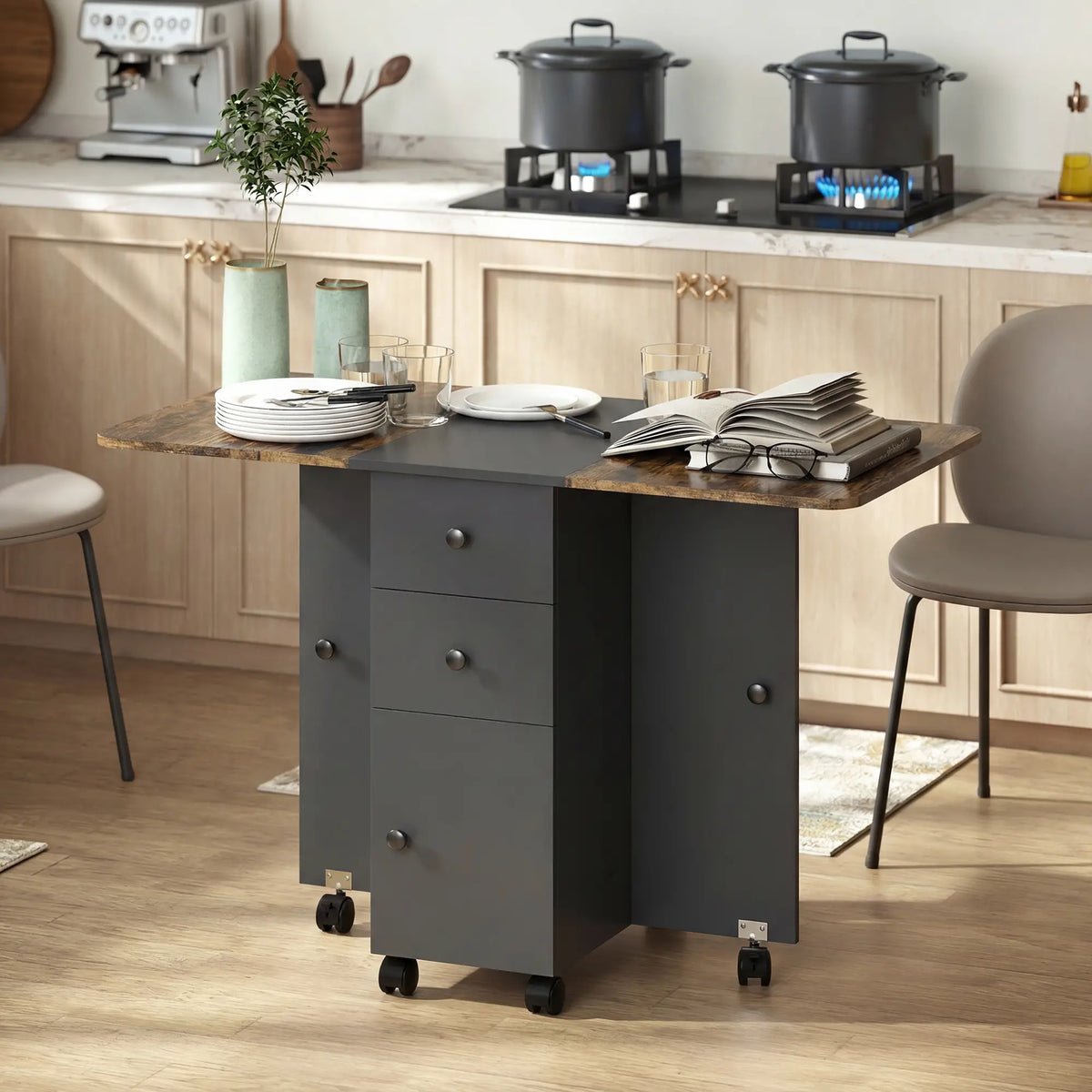 Drop Leaf Dining Table On Wheels With Drawers, Rustic Brown And Black, Brown, Black Dining Tables at Gallery Canada