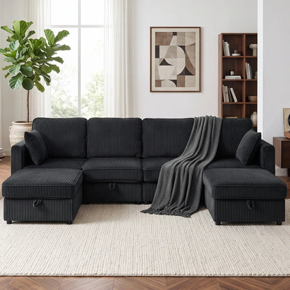Canapé modulaire en velours côtelé en forme de U, pouf de rangement double, 4 coussins, gris foncé