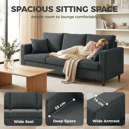 3-Seater Corduroy Sofa with Deep Seat, Dark Grey 3-Seater Sofas at Gallery Canada