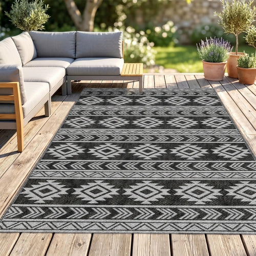 Reversible Outdoor RV Rug, Patio Mat, 6' x 9', Black & Grey
