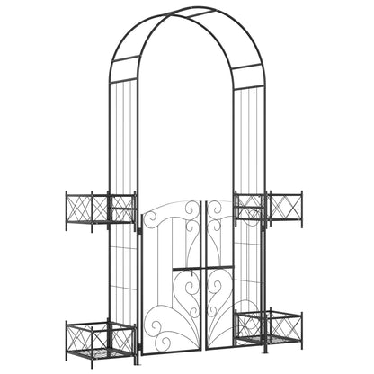 7.1FT Metal Garden Arch with Gate, 4 Planter Boxes, Black Garden Arches Black at Gallery Canada