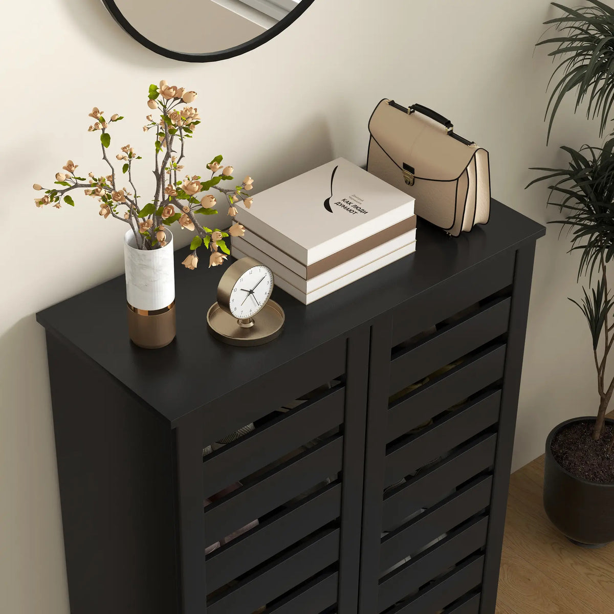 Shoe Storage Cabinet, 2 Slatted Doors, Holds 15 Pairs, Black Shoe Storage Cabinets & Racks at Gallery Canada