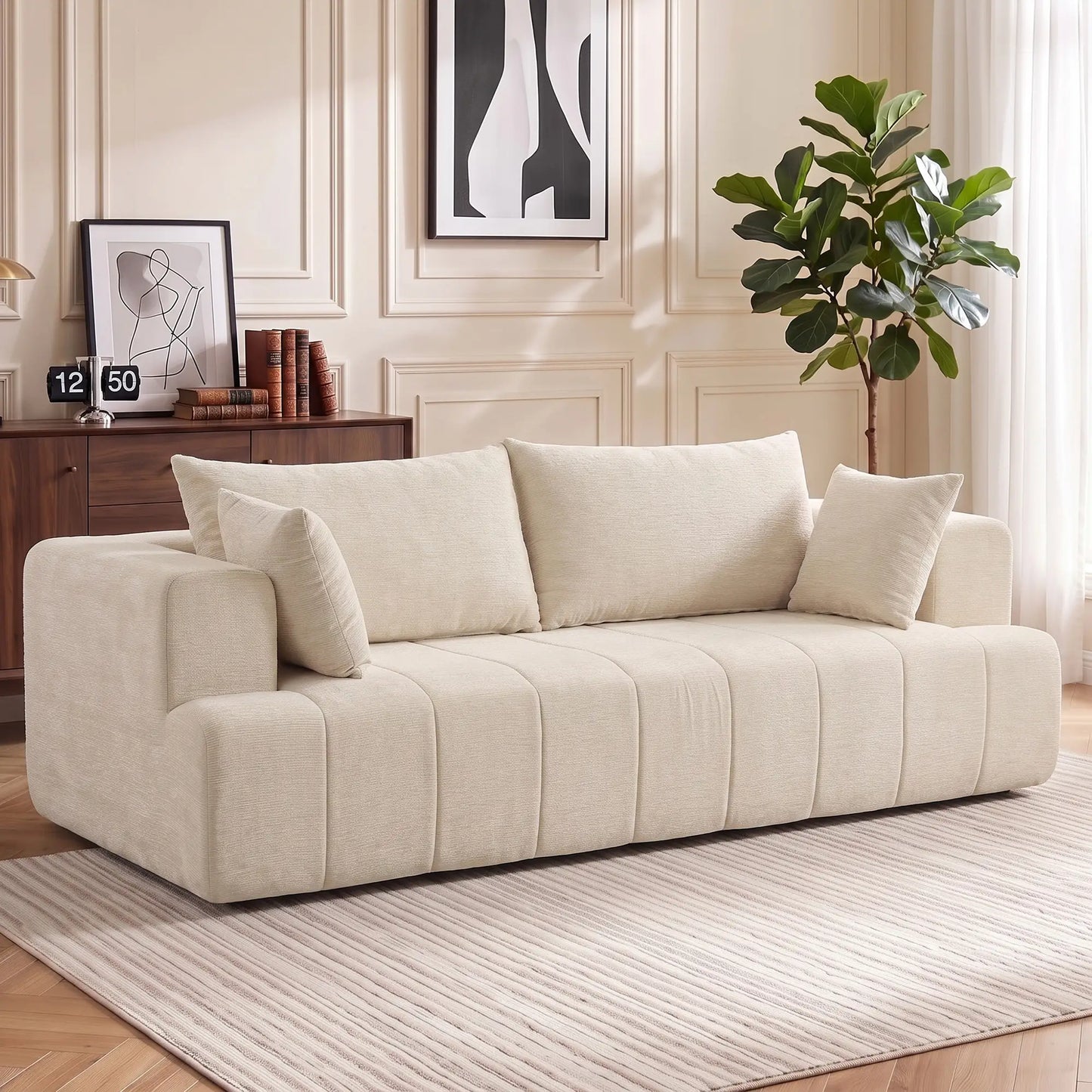 3 Seater Chenille Cloud Couch, Spring Cushion, Beige