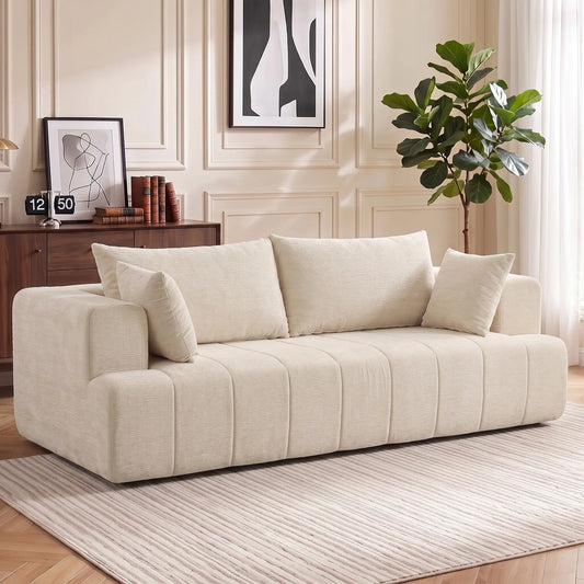 3 Seater Chenille Cloud Couch, Spring Cushion, Beige 3-Seater Sofas Beige at Gallery Canada