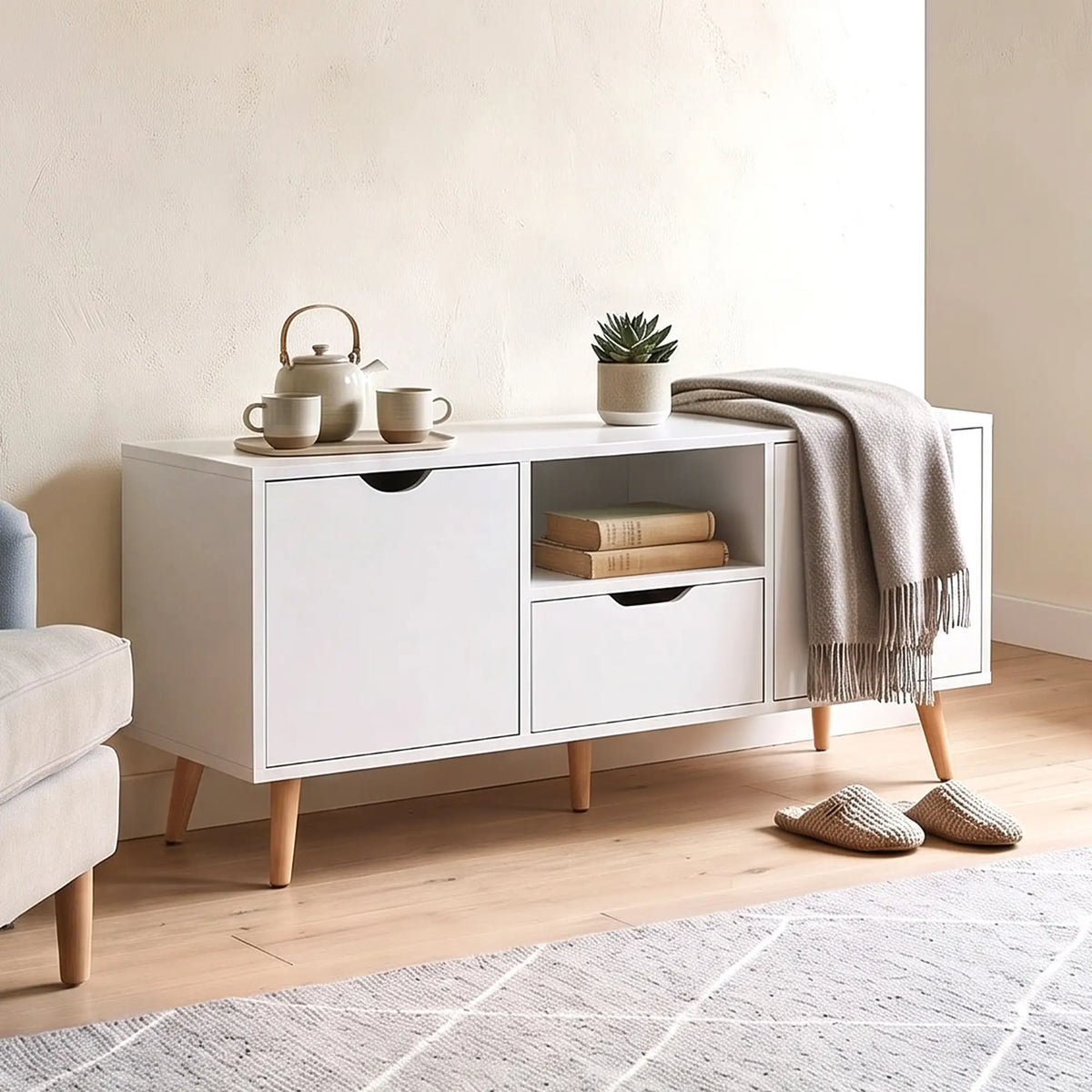 TV Stand for 50" TV, Storage with Shelf, Drawer, 2 Cabinets, White TV Stands at Gallery Canada