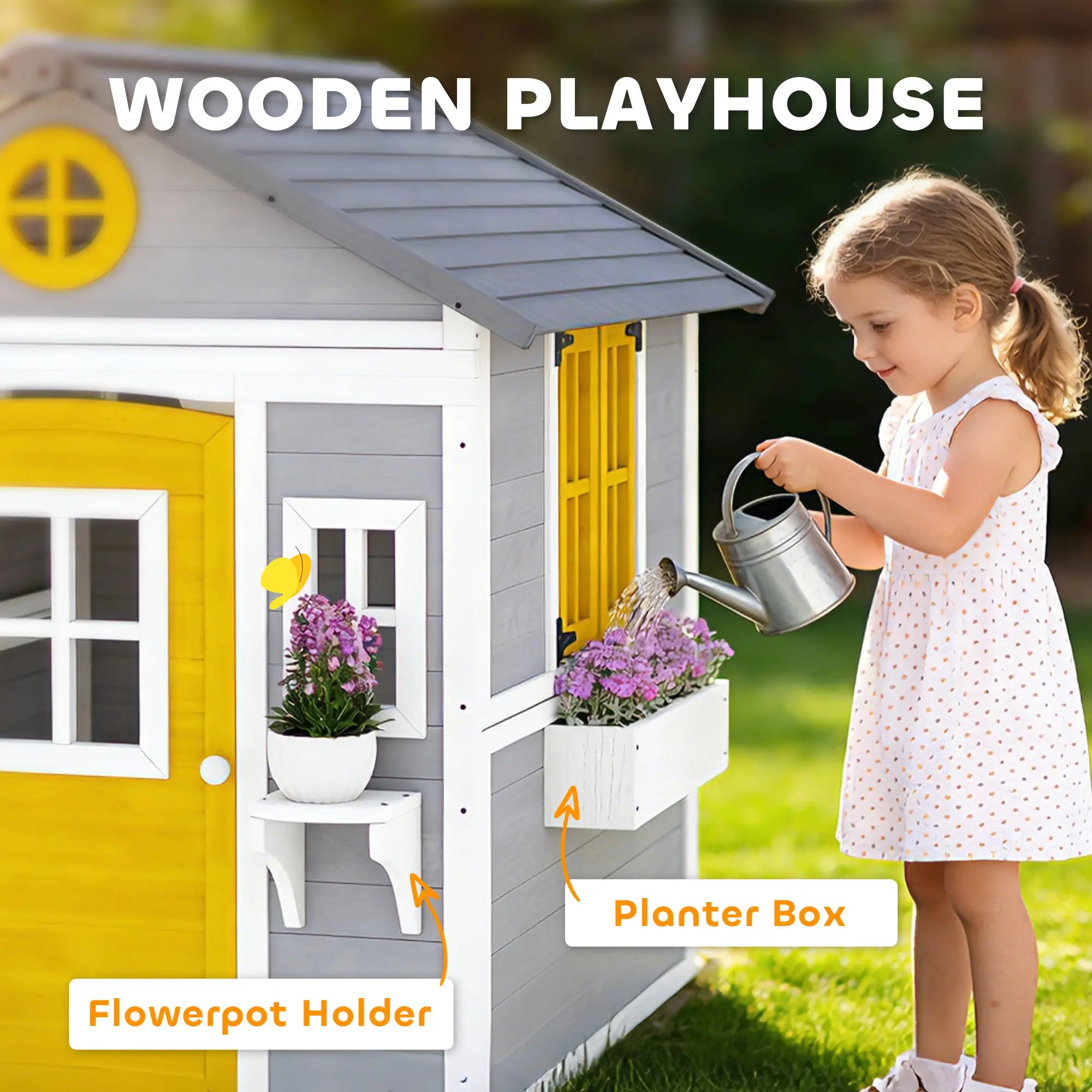 Wooden Playhouse For Kids, With Door, Windows, Planter Pots, Grey Play Houses at Gallery Canada