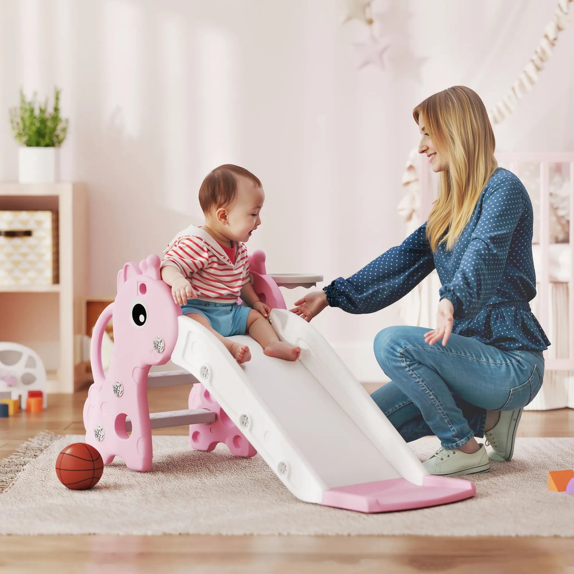 3 in 1 Toddler Slide, Climber, Basketball Hoop, Giraffe Design, Pink Gym Sets & Swings at Gallery Canada