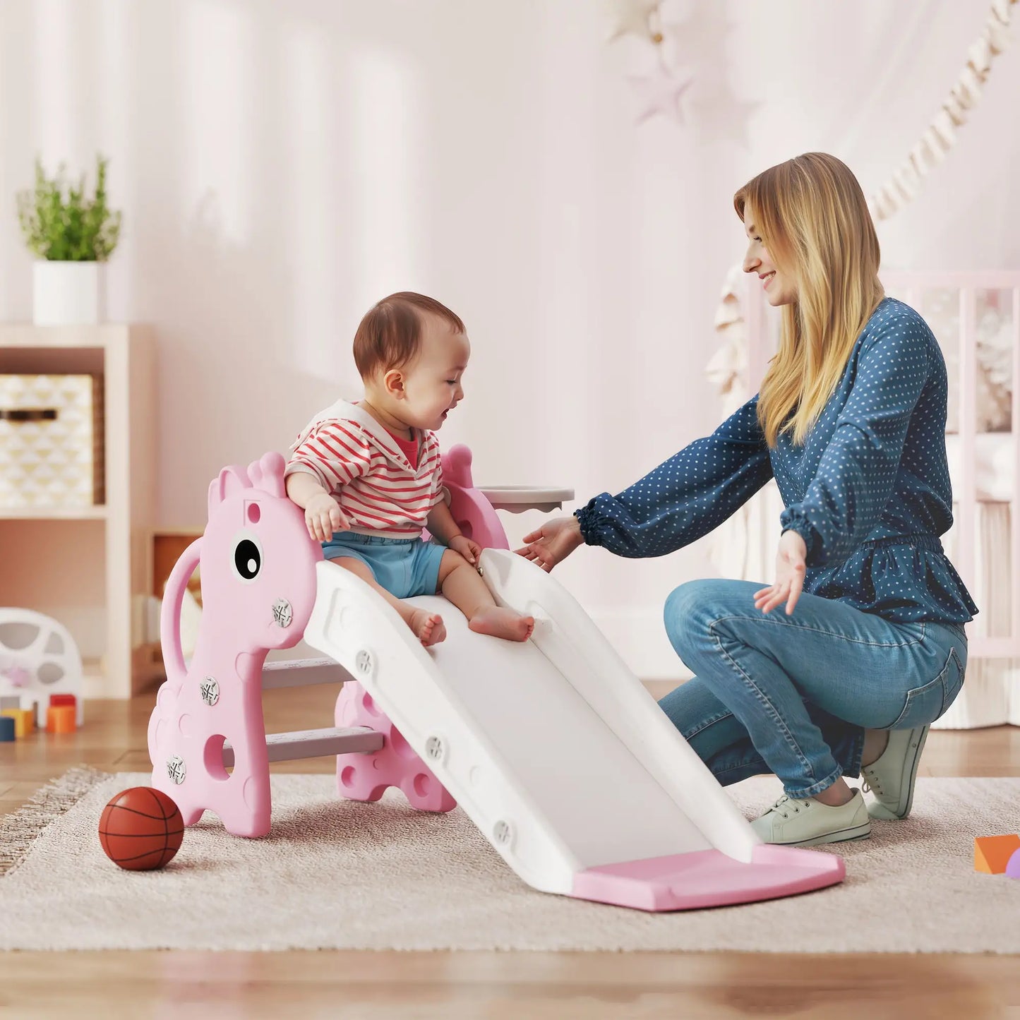 3 in 1 Toddler Slide, Climber, Basketball Hoop, Giraffe Design, Pink Gym Sets & Swings at Gallery Canada
