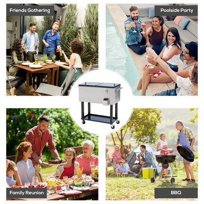 80 Quart Rolling Cooler Cart Portable Patio Ice Beer Beverage Cooling Bin for Outdoor Party w/ Bottle Opener &; Storage Shelf Silver Cooler Boxes at Gallery Canada