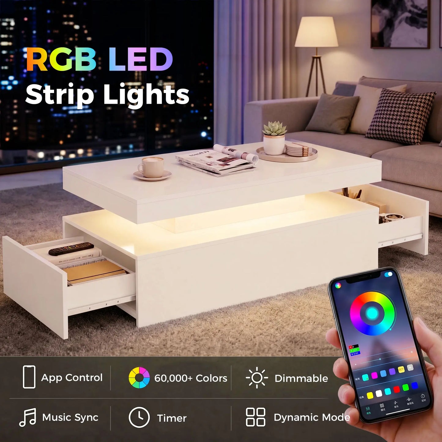 LED Coffee Table With Storage, 2-Tier, White Coffee Tables at Gallery Canada