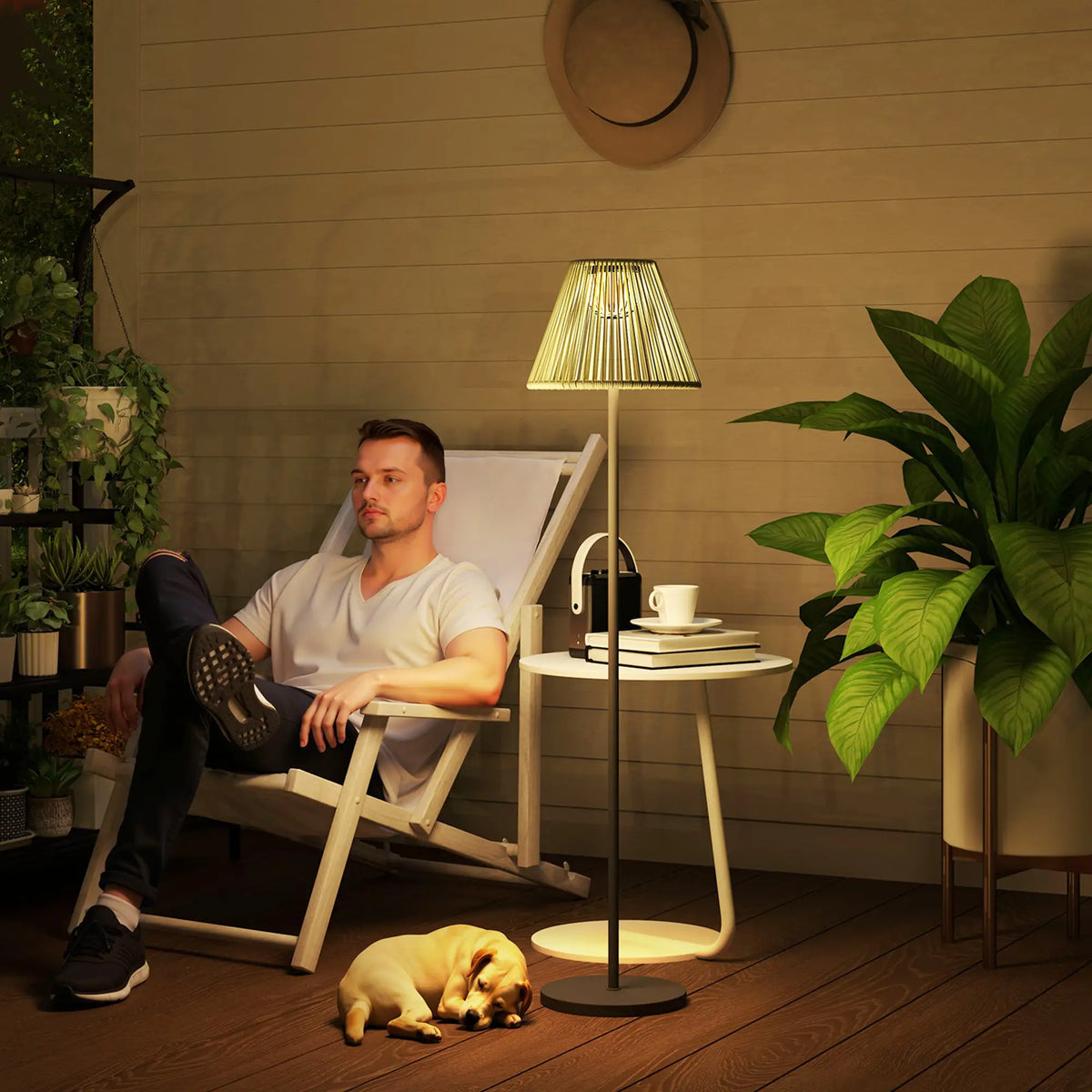 Wicker Outdoor Floor Lamp, Solar Lantern, Auto LED Lights, IP44, Grey Solar Post Lamps at Gallery Canada