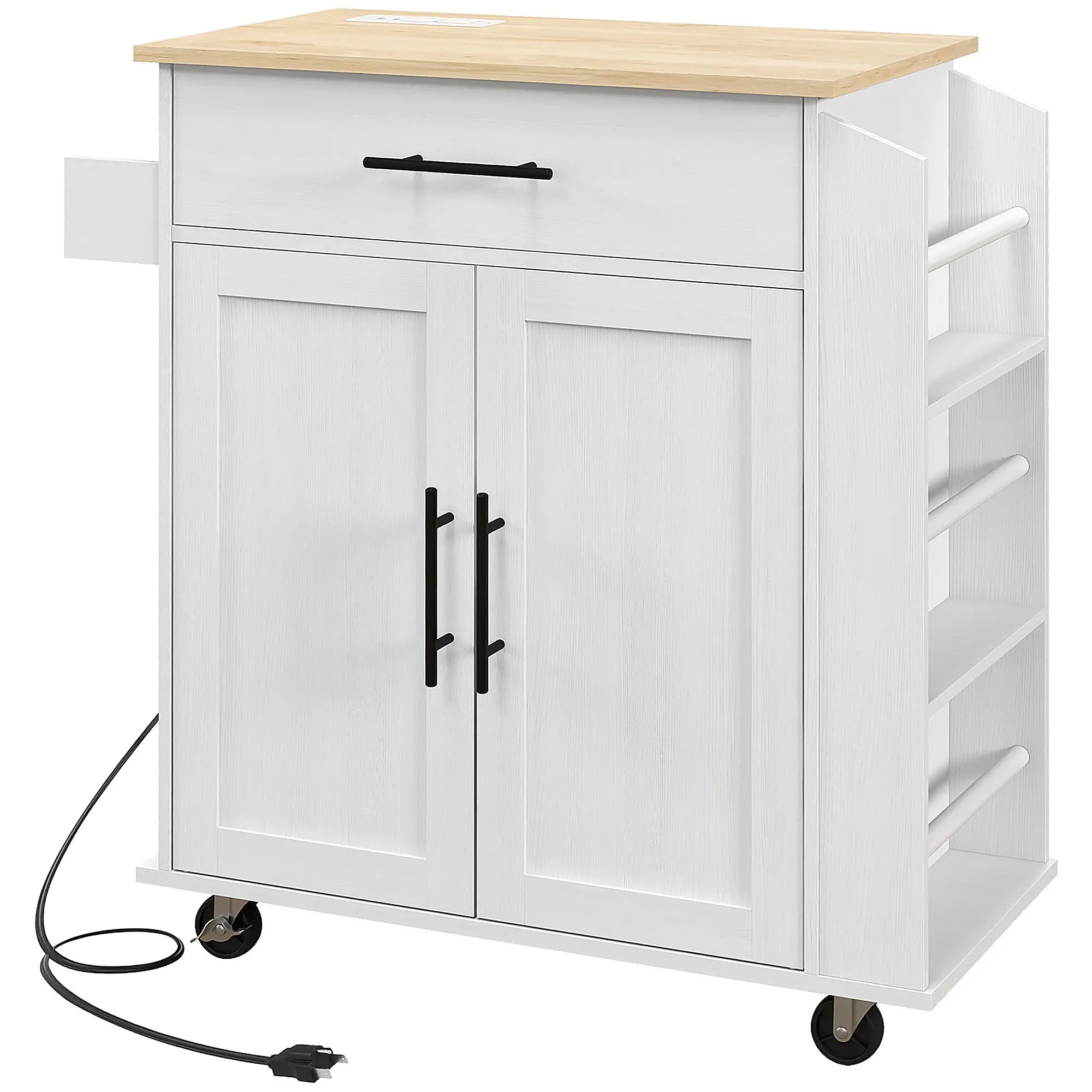 Rolling Kitchen Island with Wheels, Power Outlets, Drawer, Doors Kitchen Islands & Kitchen Carts White, Oak at Gallery Canada