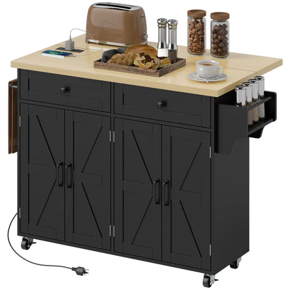 Kitchen Island With Storage, Rolling Cart, Charging Station, Drop Leaf Kitchen Islands & Kitchen Carts Black, Natural Wood at Gallery Canada