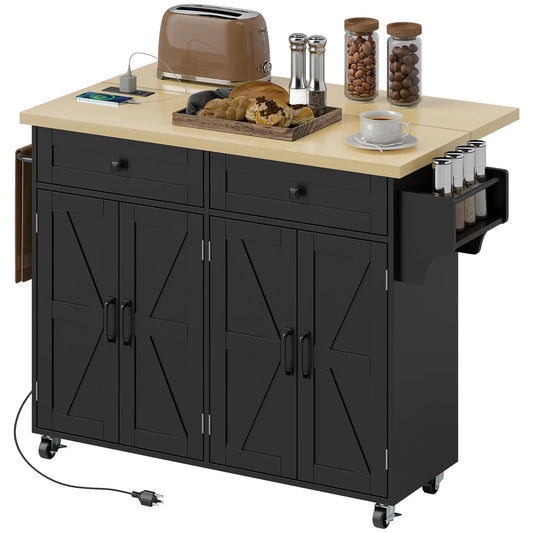 Kitchen Island With Storage, Rolling Cart, Charging Station, Drop Leaf Kitchen Islands & Kitchen Carts Black, Natural Wood at Gallery Canada