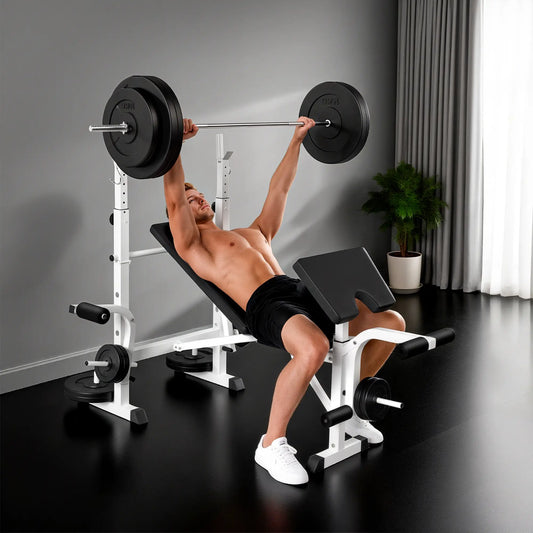 Adjustable Weight Bench, Squat Rack, Preacher Curl Pad, Leg Developer, White Weight Benches White at Gallery Canada