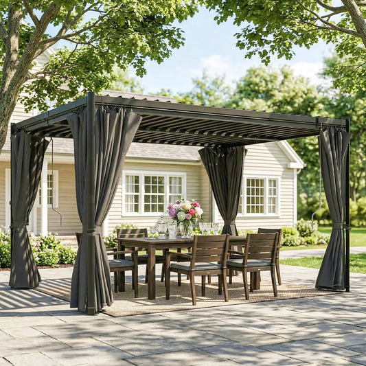10 x 13 Ft Louvered Pergola With Steel Roof, Curtains, Grey Pergolas Grey at Gallery Canada
